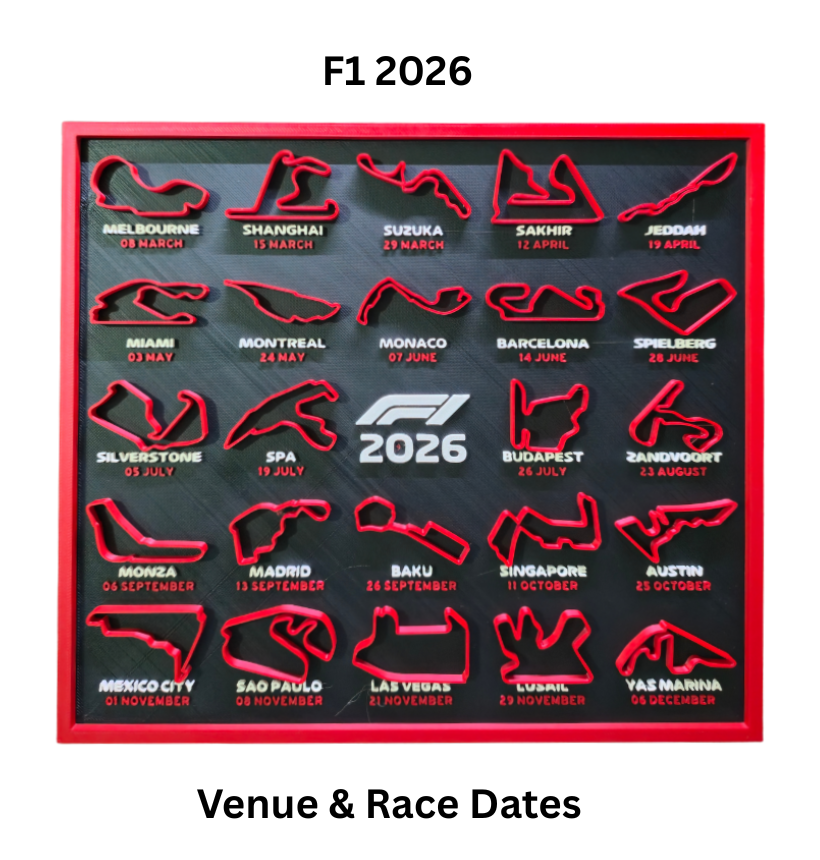 F1 2026 (2) F1 2026 Race Calendar Wall Art, 24 Circuit Tracks Display, Black and Red - Image 1